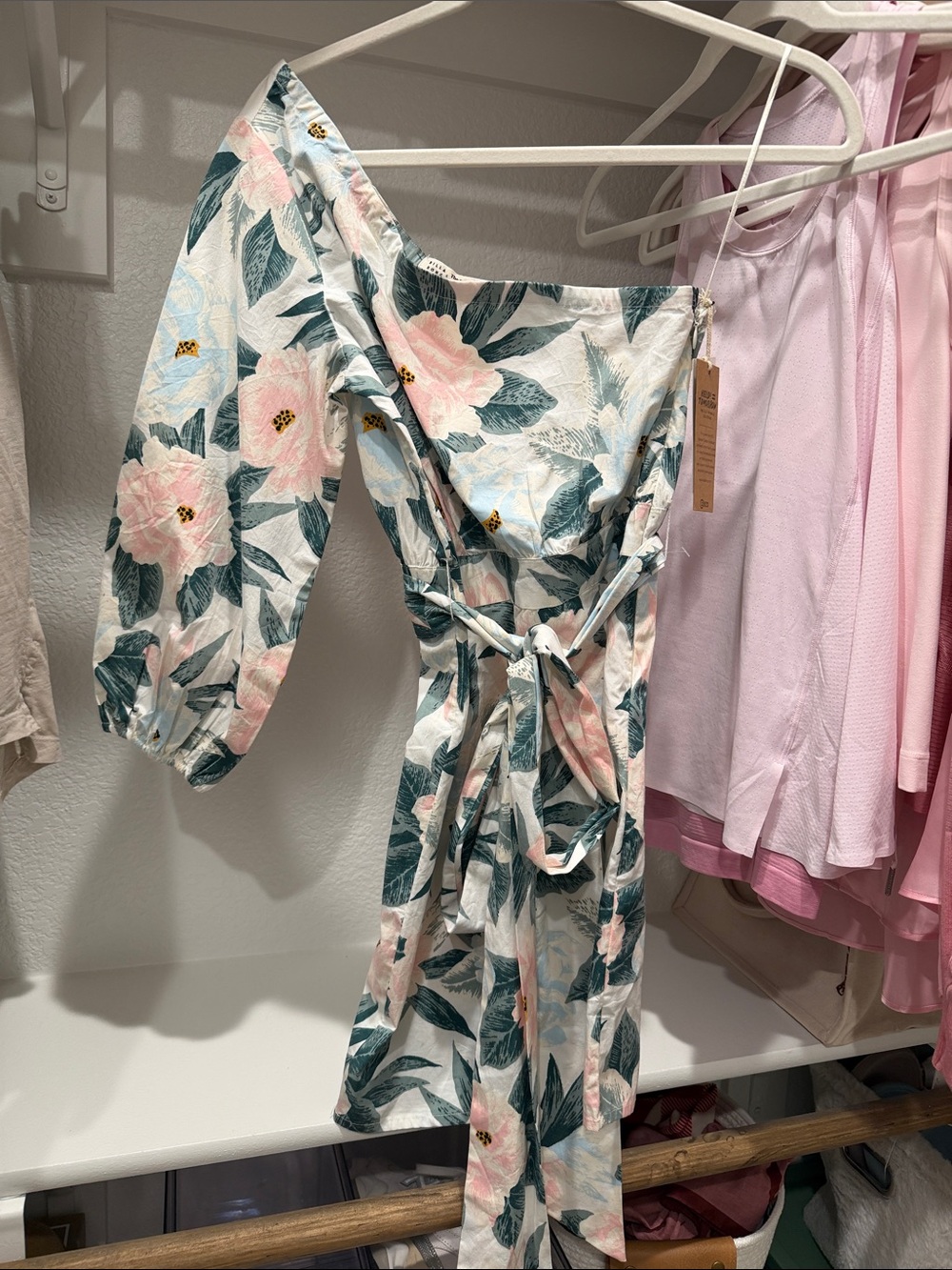 Billabong Salty Blonde Floral Off-Shoulder Wrap Dress with Balloon Sleeve